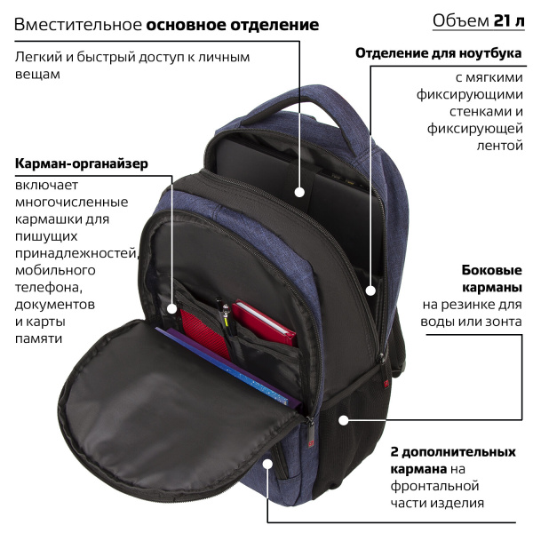 Рюкзак BRAUBERG "URBAN" универсальный, с отделением для ноутбука, Dallas, темно-синий, 45х29х15 см, 228866 - Рюкзаки с отделением для ноутбука