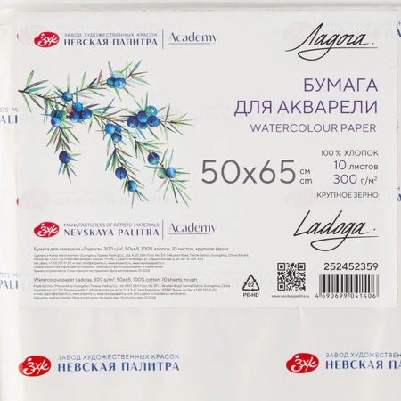 Бумага для акварели "Ладога", 300 г/м2, 50х65 см, 100% хлопок, 10 листов, крупное зерно - Альбомы и бумага для акварели и масла