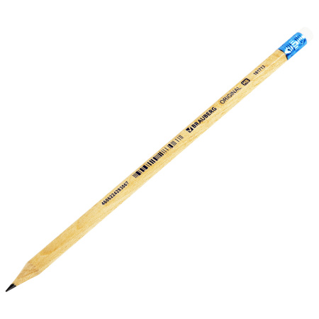 Карандаш чернографитный BRAUBERG "ORIGINAL", 1 шт., HB, с ластиком, некрашеный корпус, 181713 - Карандаши чернографитные