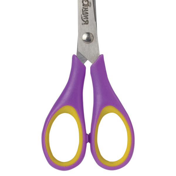 Ножницы ЮНЛАНДИЯ "ВОЗДУШНЫЙ ЗМЕЙ", 125 мм, для правши, резиновые вставки, фиолетово-желтые, европодвес, 236856 - Ножницы детские