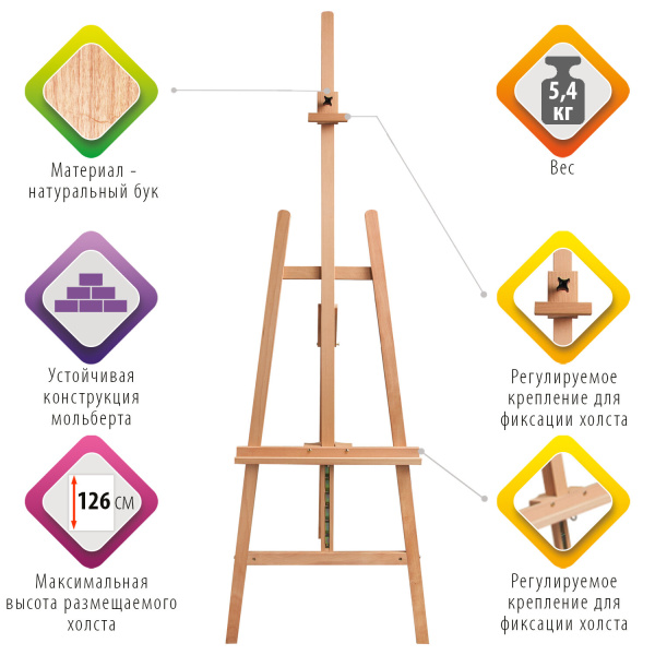 Мольберт напольный BRAUBERG ART CLASSIC, бук, угол 60°, 63х174(231)х68см, высота холста 126см,190652 - Мольберты