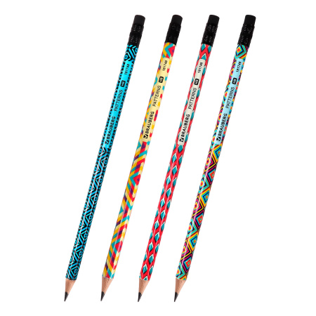 Карандаш чернографитный BRAUBERG "PATTERNS", 1 шт., HB, с ластиком, корпус ассорти, 181748 - Карандаши чернографитные