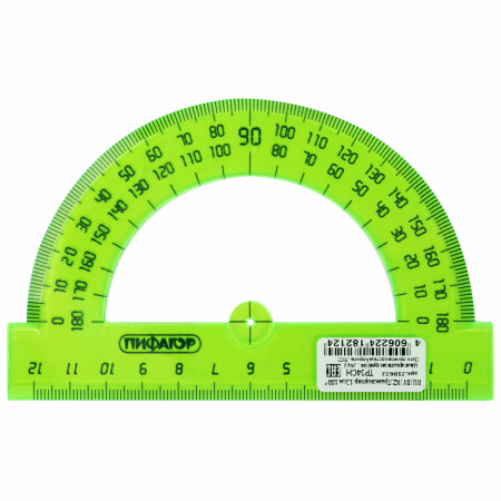 Транспортир 12 см, 180 градусов, ПИФАГОР, прозрачный, неоновый, ассорти, 210622 - Транспортиры