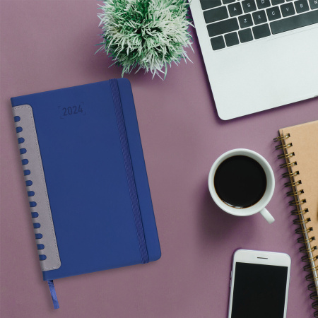 Ежедневник датированный 2024 А5 138x213 мм, BRAUBERG "Original", под кожу, синий/серый, 114942 - Ежедневники с покрытием "под кожу и ткань"