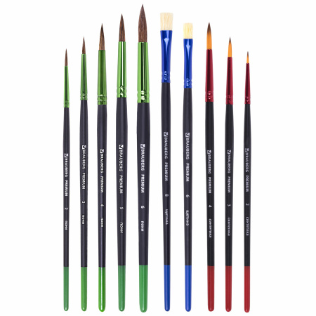 Кисти BRAUBERG PREMIUM, набор 10 шт. (круглые пони - 5 шт., синтетика - 3 шт., плоские щетина - 2 шт.), блистер, 201023 - Кисти для рисования