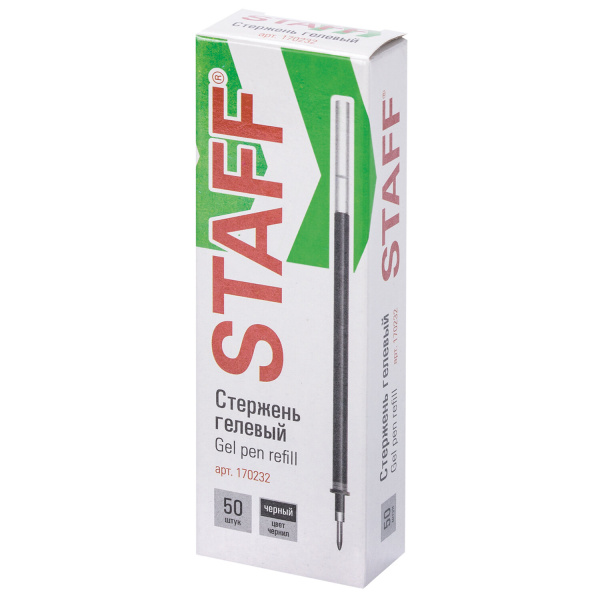 Стержень гелевый STAFF "Basic" GPR-232, 135 мм, ЧЕРНЫЙ, узел 0,5 мм, линия письма 0,35 мм, 170232 - Стержни для ручек гелевых