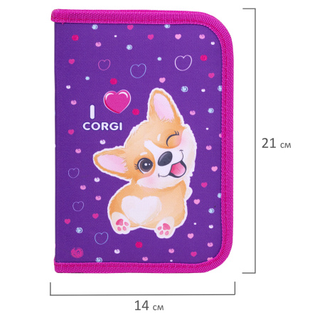 Пенал BRAUBERG, 1 отделение, полиэстер, 21х14 см, "I love corgi", 271530 - Пеналы каркасные