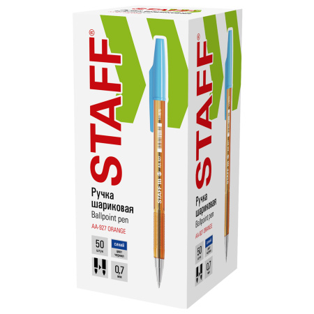 Ручка шариковая STAFF AA-927 ORANGE, СИНЯЯ, корпус тонированный оранжевый, узел 0,7 мм, линия письма 0,35 мм, без штрихкода, 144075 - Ручки шариковые неавтоматические