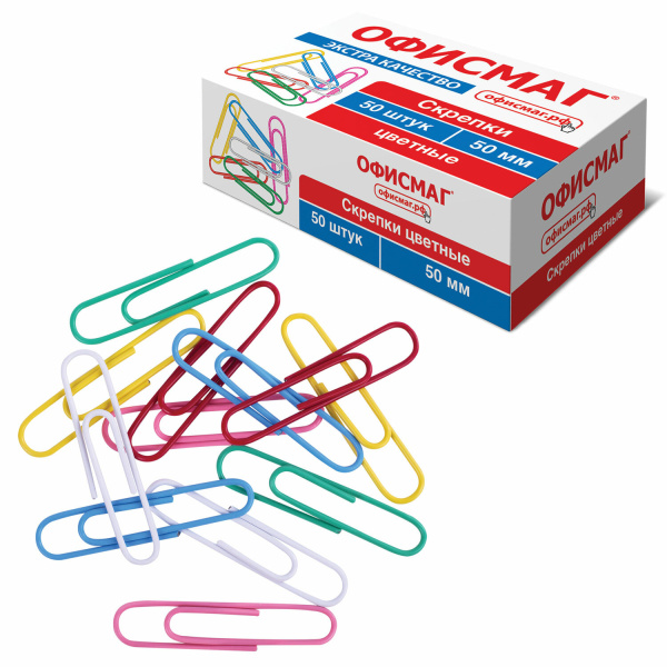 Скрепки большие ЭКСТРА ОФИСМАГ 50 мм цветные 50 штук, 271318 - Скрепки канцелярские