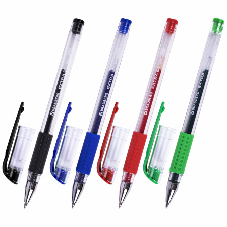 Ручки гелевые с грипом BRAUBERG "EXTRA GT", НАБОР 4 ЦВЕТА, стандартный узел 0,5 мм, линия письма 0,35 мм, 143923 - Наборы гелевых ручек