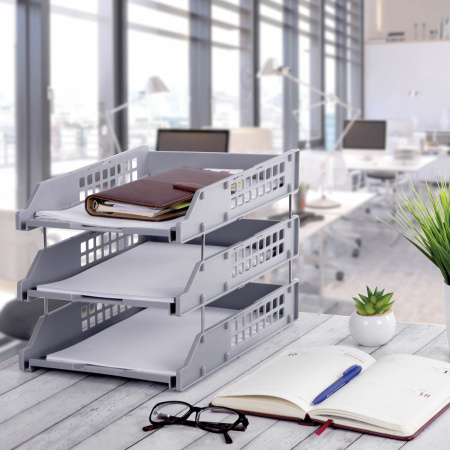 Лотки горизонтальные для бумаг, КОМПЛЕКТ 3 шт., 334х255х271 мм, серый, BRAUBERG GRAND OFFICE, 238110, ЛТ111 - Лотки горизонтальные (поддоны)