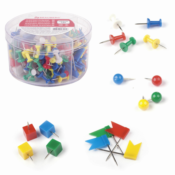 Набор BRAUBERG, силовые кнопки, 60 шт., шарики 60 шт., кубики 60 шт., флажки 60 шт., 223518 - Наборы канцелярских мелочей