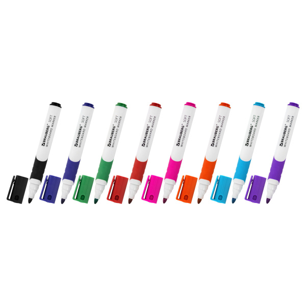 Маркеры стираемые для белой доски НАБОР 8 ЦВЕТОВ, BRAUBERG "SOFT", 5 мм, резиновая вставка, 152112 - Маркеры для досок