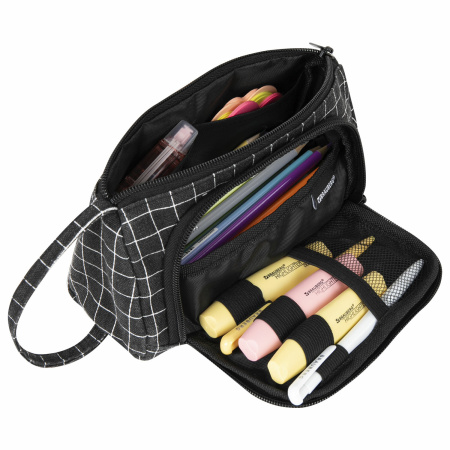 Пенал-косметичка BRAUBERG с ручкой, 1 откидная планка, полиэстер, 22x10х8 см, "Checkered black", 271559 - Пеналы мягкие
