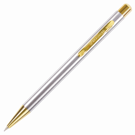 Ручка подарочная шариковая BRAUBERG Piano, СИНЯЯ, корпус серебристый с золотистым, линия письма 0,5 мм, 143472 - Ручки бизнес-класса