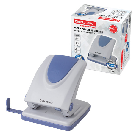 Дырокол металлический BRAUBERG "GRAND OFFICE", до 35 листов, серый, ГАРАНТИЯ 5 ЛЕТ, 228743 - Дыроколы настольные