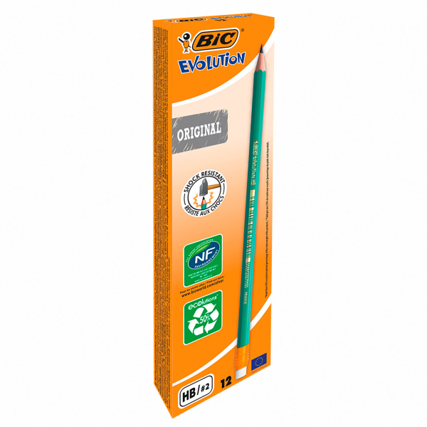 Карандаш чернографитный BIC, 1 шт., "Evolution", HB, с резинкой, пластиковый, корпус зеленый, заточенный, 8803323 - Карандаши чернографитные