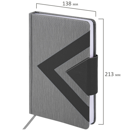 Ежедневник недатированный А5 138x213 мм BRAUBERG "Waves" под кожу, застежка 160 л., черный/серый, 111875 - Ежедневники с покрытием "под кожу и ткань"