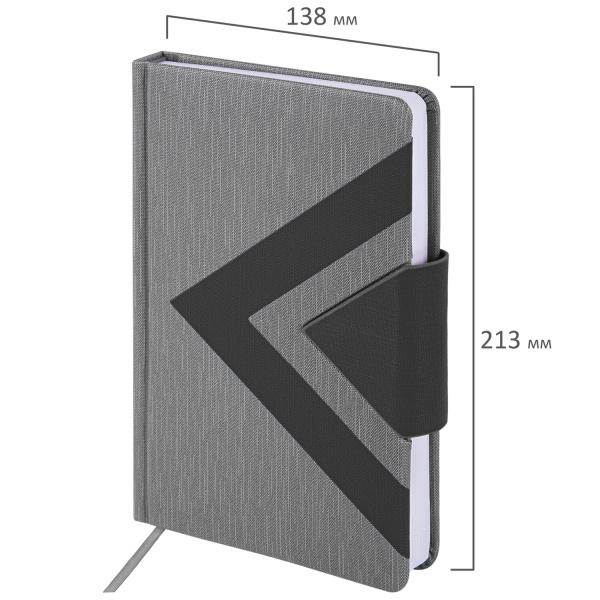 Ежедневник недатированный А5 138x213 мм BRAUBERG "Waves" под кожу, застежка 160 л., черный/серый, 111875 - Ежедневники с покрытием "под кожу и ткань"