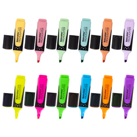 Набор текстовыделителей 12 ЦВЕТОВ на подставке, BRAUBERG "EXTRA", прорезиненный корпус, линия 1-5 мм, 151758 - Текстовыделители
