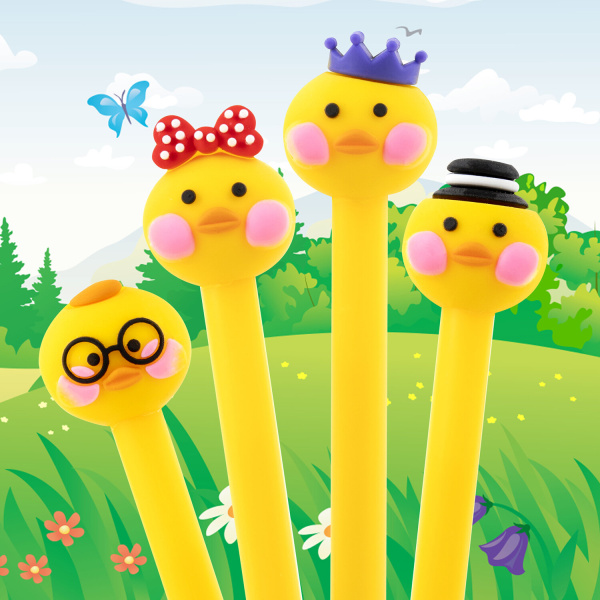 Ручка с топпером шариковая ЮНЛАНДИЯ "Цыпленок", корпус ассорти, СИНЯЯ, пишущий узел 0,7 мм, 143808 - Ручки фигурные