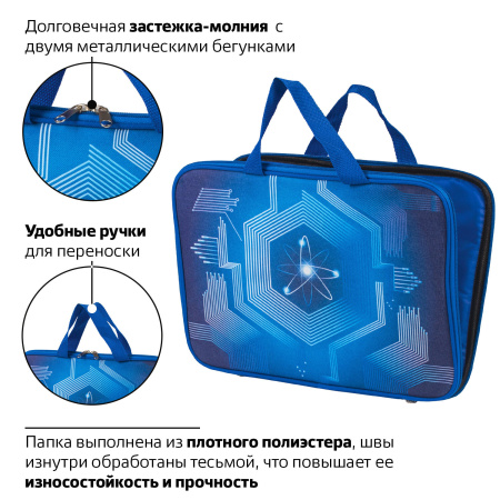 Папка на молнии с ручками BRAUBERG, А4, 1 отделение, с подкладкой, полиэстер, 20 мм, "Atom", 227089 - Папки-сумки с ручками