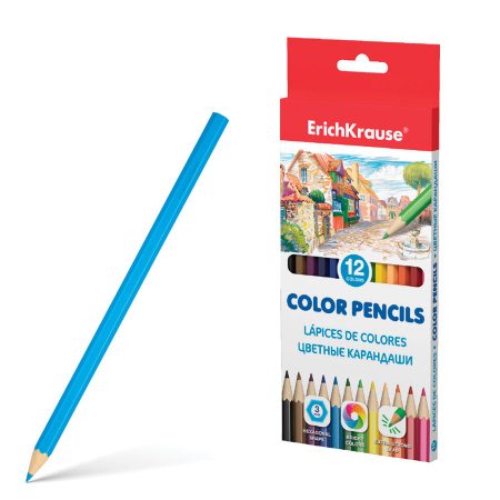 Карандаши цветные ERICH KRAUSE 12 цветов, шестигранные, заточенные, европодвес, 49882