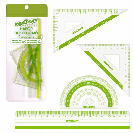 Набор чертежный ЮНЛАНДИЯ "ГЕОМЕТРИЯ" (линейка 18 см, 2 треугольника, транспортир), зеленая шкала, 210740 - Наборы чертежные