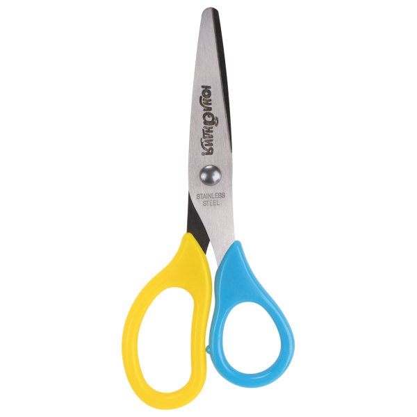 Ножницы ЮНЛАНДИЯ, 135 мм, с футляром для лезвий, желто-голубые, блистер, 237110 - Ножницы детские
