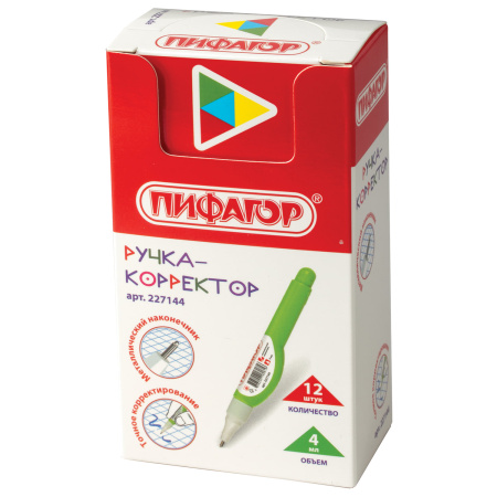 Ручка-корректор ПИФАГОР, 4 мл, металлический наконечник, 227144 - Корректирующие ручки