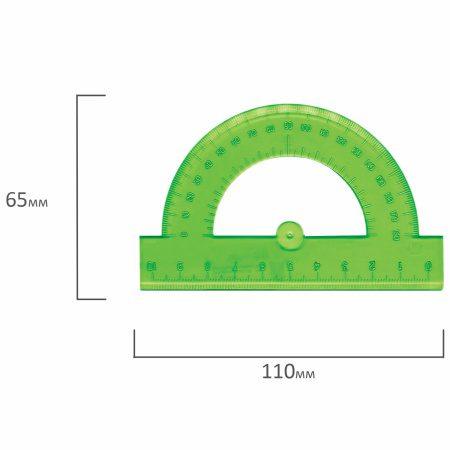 Транспортир пластик 10 см, 180 градусов, BRAUBERG, прозрачный, неоновый, ассорти, 210620 - Транспортиры