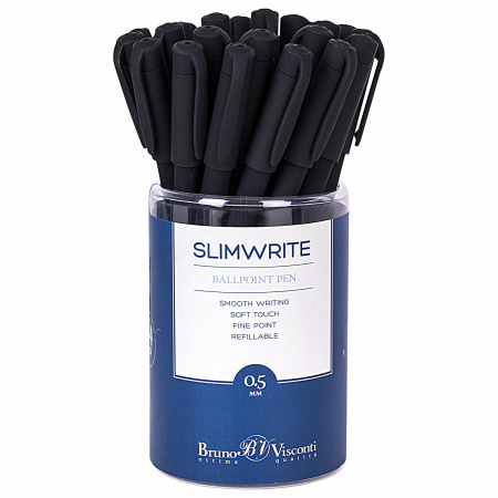 Ручка шариковая BRUNO VISCONTI "SlimWrite", "Black", СИНЯЯ, корпус черный, узел 0,5 мм, линия письма 0,3 мм, 20-0009 - Ручки шариковые неавтоматические
