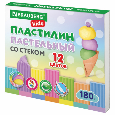 Пластилин классический пастельные цвета BRAUBERG KIDS, 12 цветов, 180 грамм, стек, 106681 - Пластилин