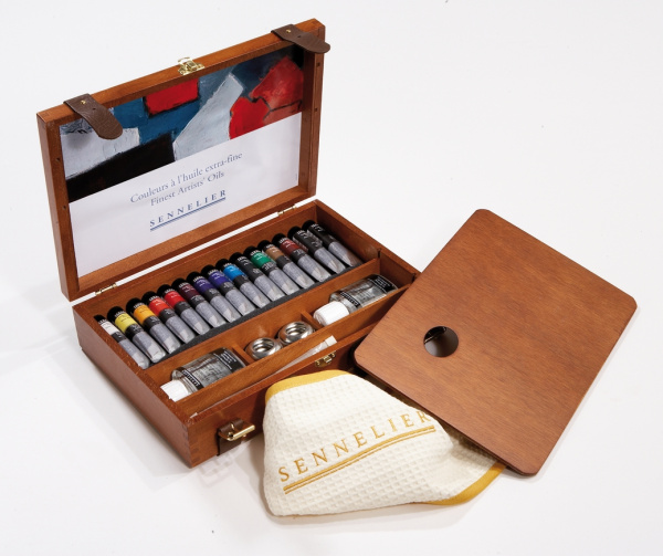 Набор масляных красок Sennelier "Artists", 15 цветов по 21мл, туба, аксессуары, дерево - Масляные краски художественные в наборах