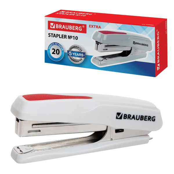 Степлер №10 BRAUBERG "Extra", до 20 листов, антистеплер, серо-красный, 229082 - Степлеры настольные