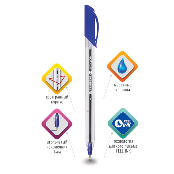 Ручка шариковая масляная BRAUBERG "Extra Glide", СИНЯЯ, трехгранная, узел 1 мм, линия письма 0,5 мм, 141700 - Ручки шариковые неавтоматические