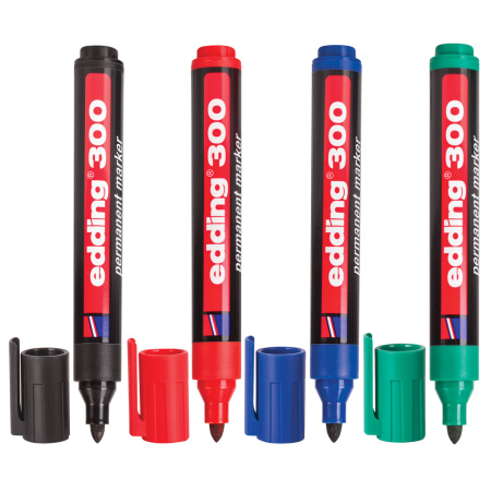 Маркеры перманентные EDDING 300 НАБОР 4 шт., АССОРТИ, круглый наконечник, 1,5-3 мм, E-300/4S - Маркеры перманентные
