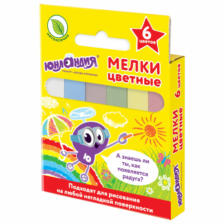 Мел цветной ЮНЛАНДИЯ "ЮНЛАНДИК И ОКРУЖАЮЩИЙ МИР", НАБОР 6 шт., квадратный, 227447 - Мелки