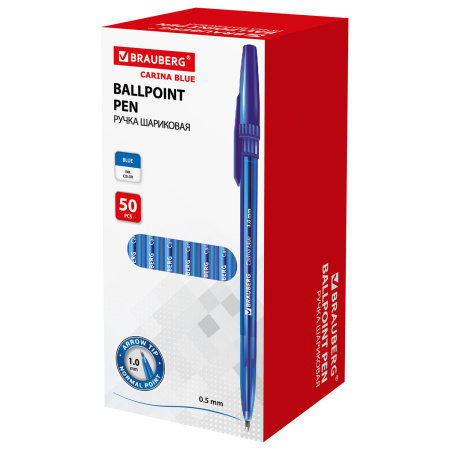 Ручка шариковая BRAUBERG "Carina Blue", СИНЯЯ, корпус тонированный синий, узел 1 мм, линия письма 0,5 мм, 141669 - Ручки шариковые неавтоматические