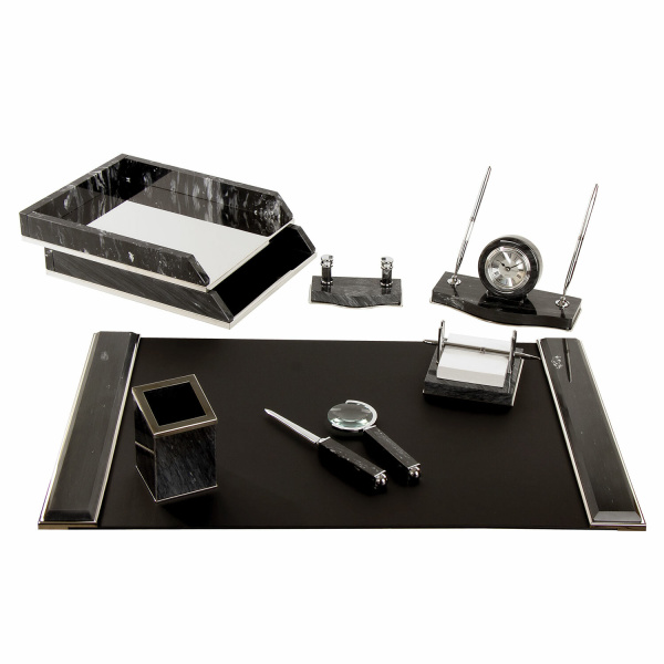 Набор настольный GALANT из мрамора, 8 предметов, черный мрамор/серебристые металлические детали, 231192 - Настольные наборы и аксессуары из мрамора