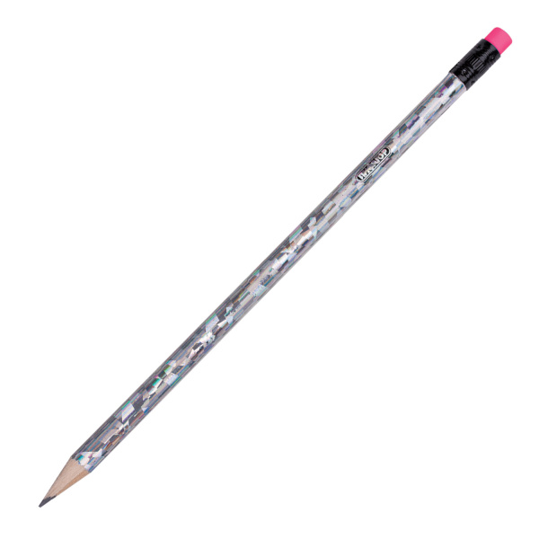 Карандаш чернографитный ПИФАГОР, 1 шт., НВ, с ластиком ассорти, фольгированный корпус (серебряный), 180618 - Карандаши чернографитные