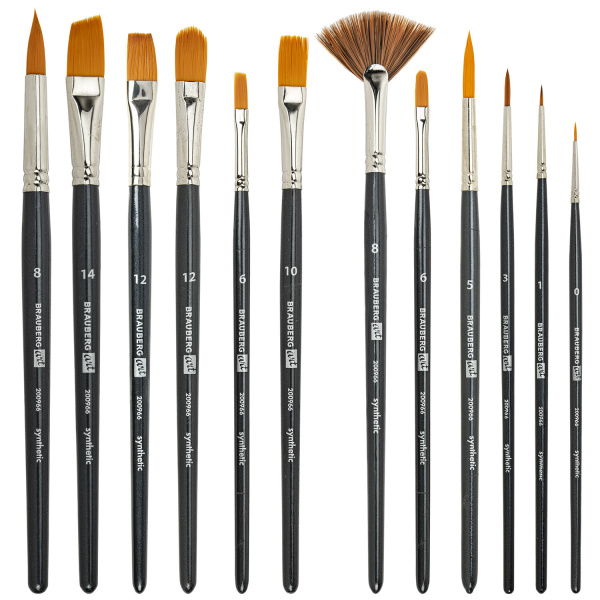 Кисти художественные набор 12 шт. в черном пенале, синтетика, BRAUBERG ART CLASSIC, № 0-14 + веерная, 200966 - Кисти художественные в наборах