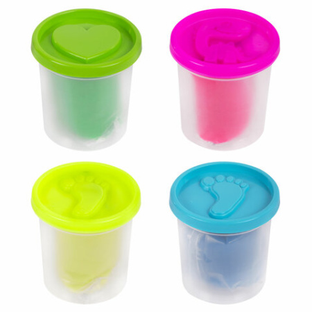 Пластилин-тесто для лепки BRAUBERG KIDS, 4 цвета, 560 г, яркие неоновые цвета, крышки-штампики, 106716 - Пластилин