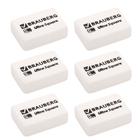 Ластики BRAUBERG "Ultra Square" 6 шт., размер ластика 29х18х8 мм, белые, натуральный каучук, 229603 - Ластики классические