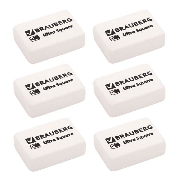 Ластики BRAUBERG "Ultra Square" 6 шт., размер ластика 29х18х8 мм, белые, натуральный каучук, 229603 - Ластики классические