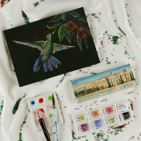 Набор мерцающих акварельных красок "Белые ночи" Лето, 8 кювет х 2,5 мл, картон - Акварель художественная в наборах