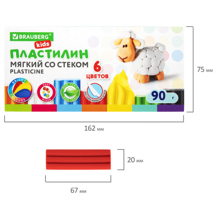 Пластилин мягкий восковой BRAUBERG KIDS, 6 цветов, 90 г, со стеком, 106493 - Пластилин