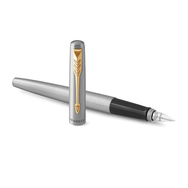 Ручка перьевая PARKER "Jotter Stainless Steel GT", корпус серебристый, позолота, синяя, 2030948 - Ручки перьевые подарочные