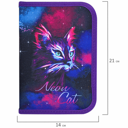 Пенал BRAUBERG с наполнением, 1 отделение, 1 откидная планка, 24 предмета, 21х14 см, "Neon cat", 271523 - Пеналы с наполнением