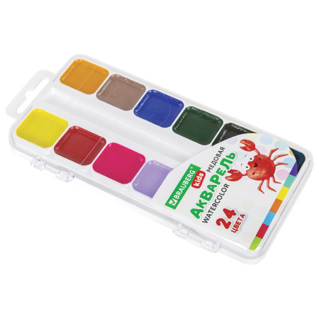 Краски акварельные BRAUBERG KIDS, медовые, 24 цвета, квадратные кюветы, пластиковый пенал, 192284 - Краски для детского творчества